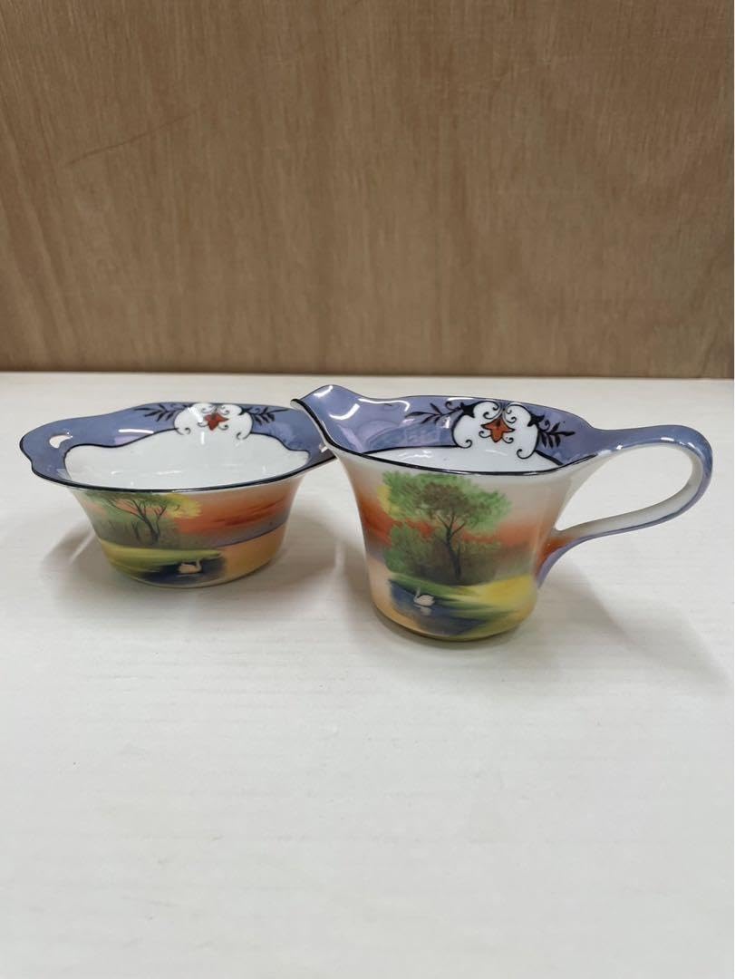 オールド ノリタケ ( 風景画 ) クリーマーとシュガー入れ 2点